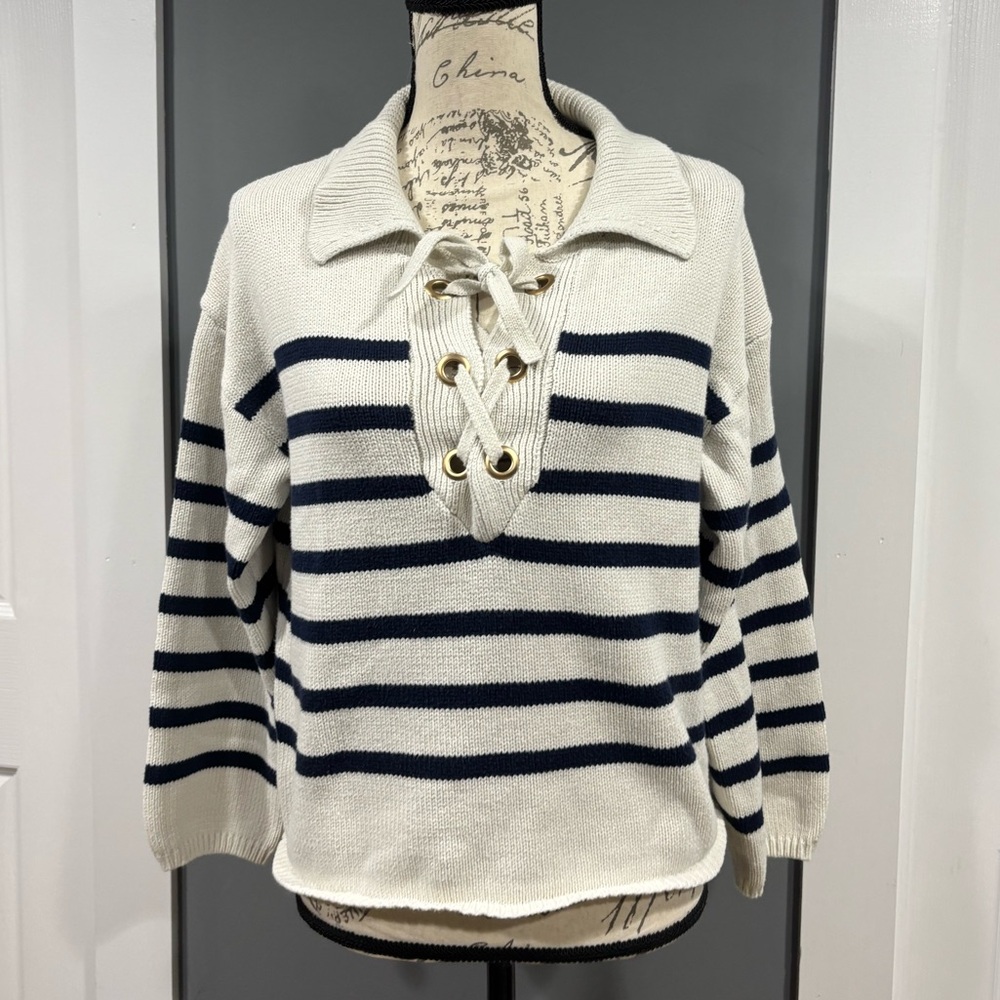 Pink Rose Navy Striped V-Neck Sweater